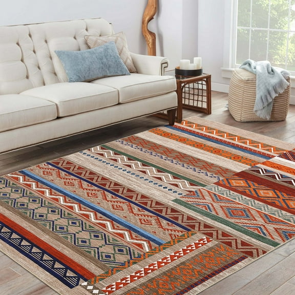 Yesfashion Carpets Area Rugs Washable Velvet (1150Gsm) Pearl Velvet Cotton Tpr Washed Folding Backing Carpet-Geometric-Green Tiles And Red Walls Rice/Color 4*6ft