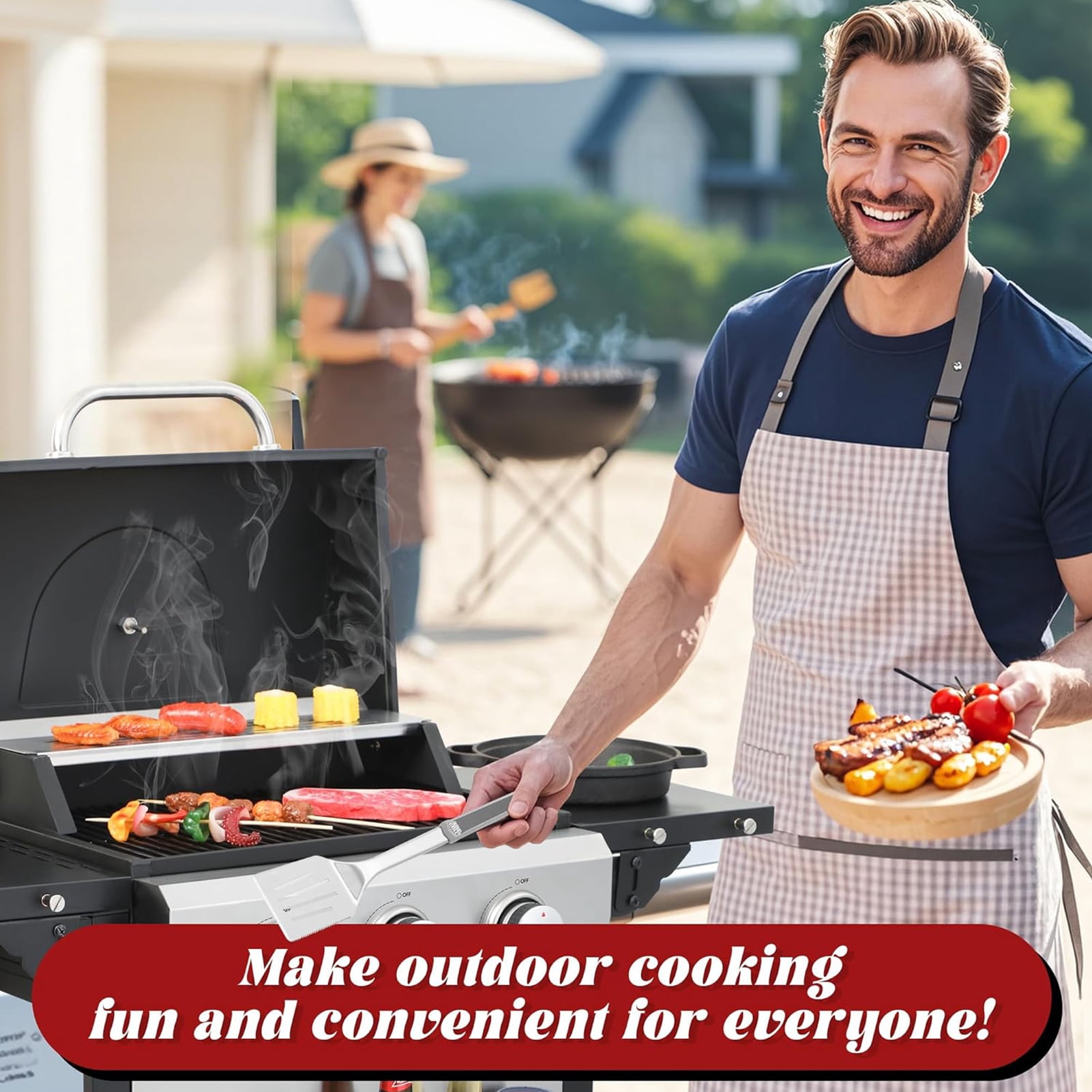 4-Burner Gas Grill, Stainless Steel Propane Grill 2 Foldable Side Tables, 25,650 BTU Outdoor BBQ Grill with Wheels, Built-in Thermometer for Backyard, Garden, Camping