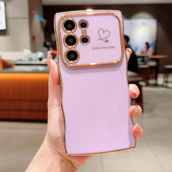 For Samsung Galaxy S23 Ultra Phone Case for Women Girls,Double Love Hearts Print Designing,Wavy Frame Curly Shape,Shockproof TPU Luxury Electroplated Anti-fall Protective Phone Case Cover,Purple
