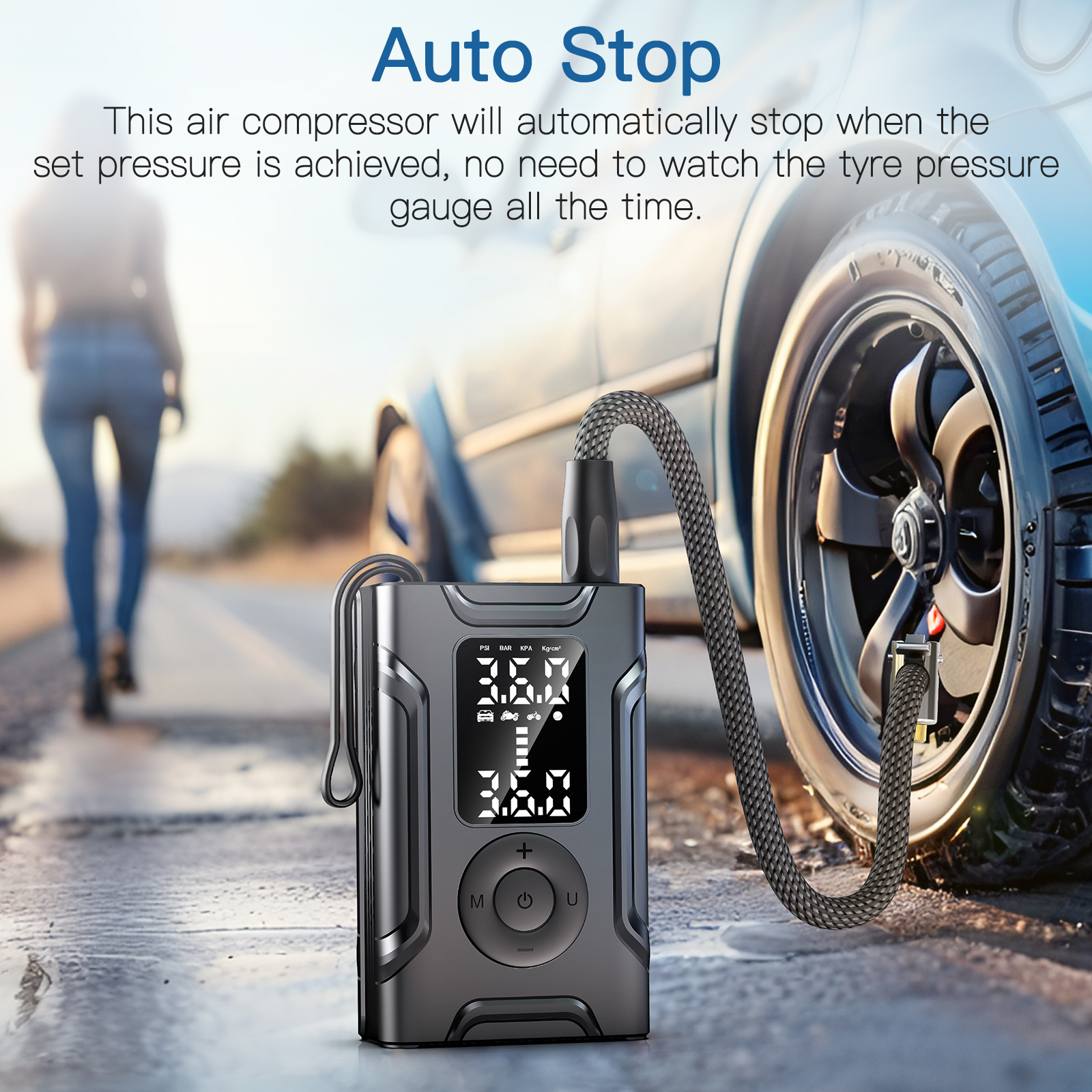 Tire Inflator Portable Air Compressor,145 PSI Cordless Mini Tire Pump Auto Shutoff Function & LED Light for Car