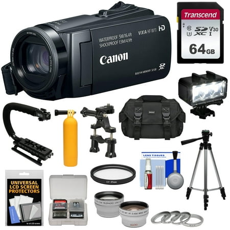 Canon Vixia HF W11 32GB 1080p HD Shock + Waterproof Video Camera Camcorder with 64GB Card + Case + LED Light + Tripod + 2 Lens