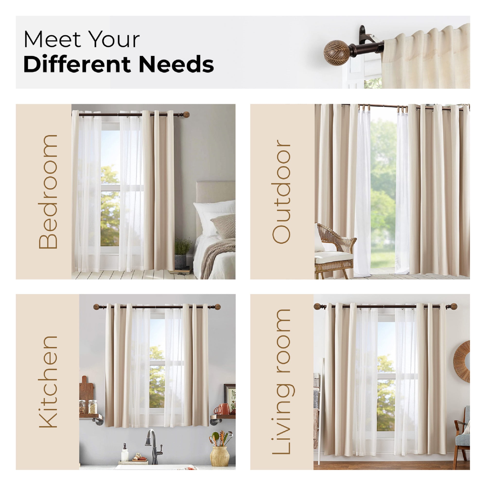 Better Homes & Gardens 1 inch Extendible Curtain Rod 42" to 120" with Moroccan Leaf Finials Brown