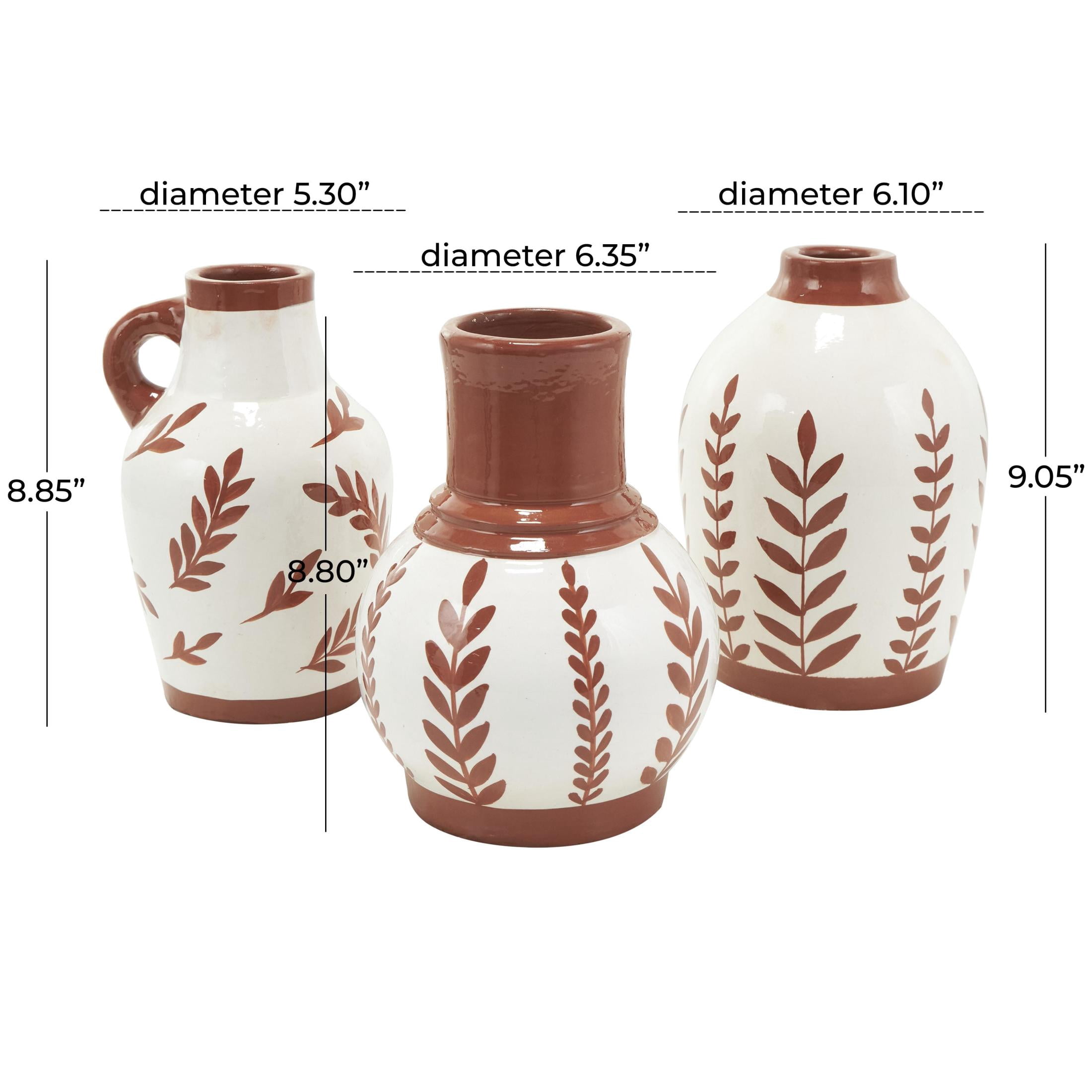 DecMode 6"W, 9"H Floral White Ceramic Vase with Terracotta Colored Detailing, Set of 3