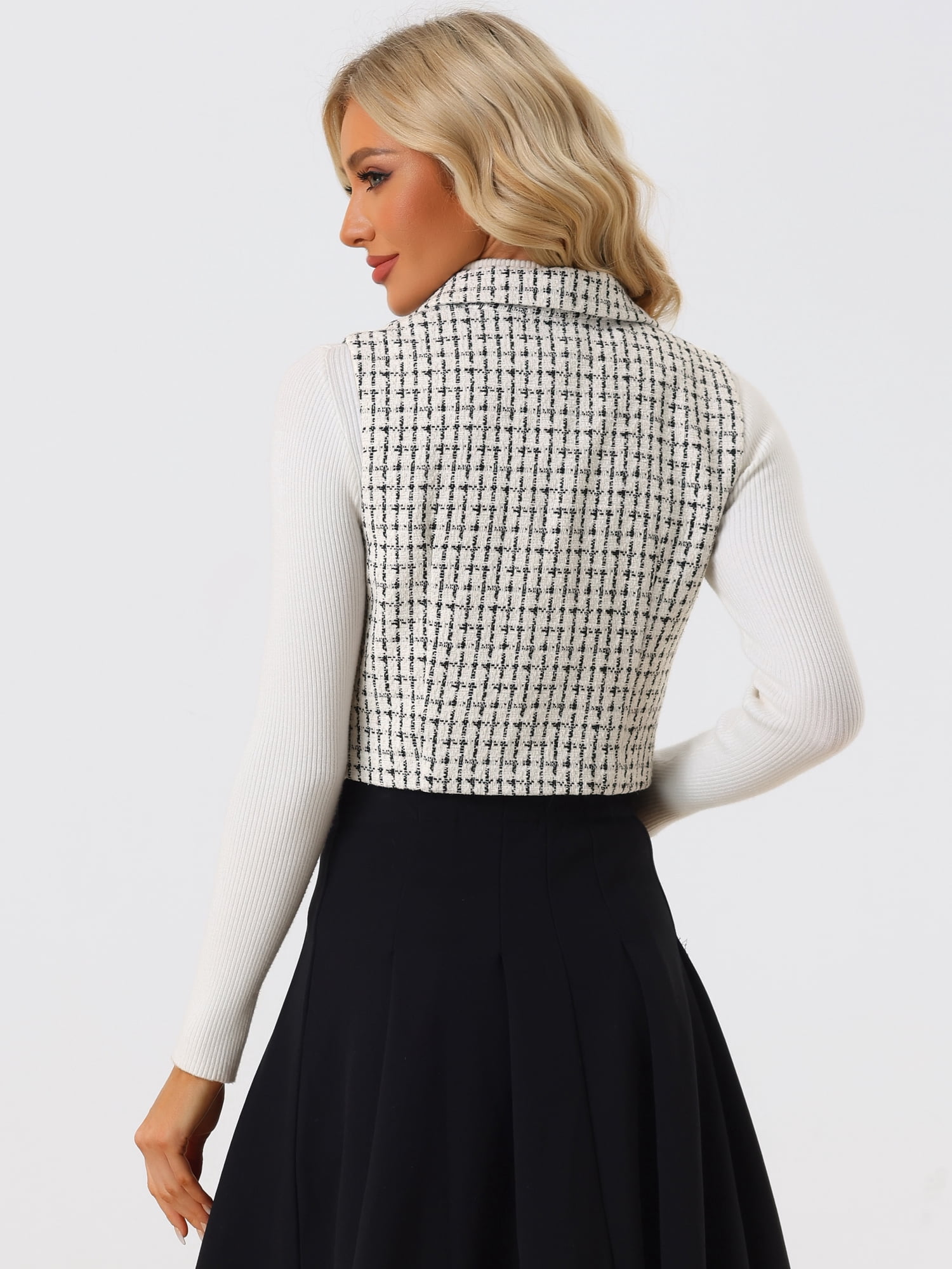 DARING DIVA Women's Tweed Vest Notched Lapel Collar Plaid Waistcoat Jackets XL White