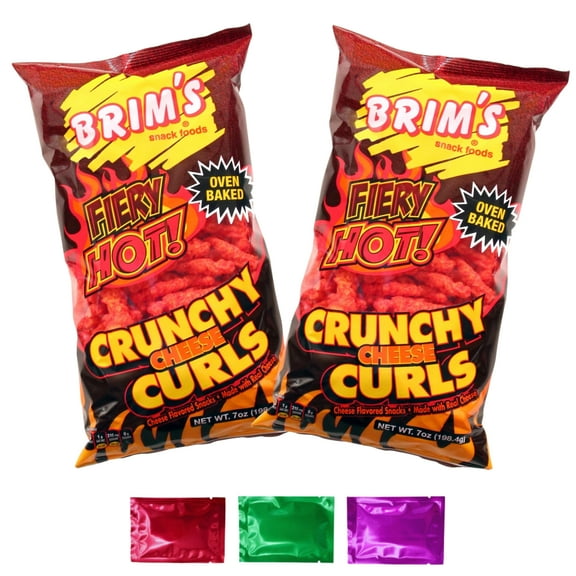 Brims Fiery Hot Crunchy Cheese Curls Snacks - Oven Baked Spicy Flavored Snack Packs for Party Movie Night Travel Picnic - 7 oz, 2 Bags w/Bonus Snoep in Beperkte Oplage