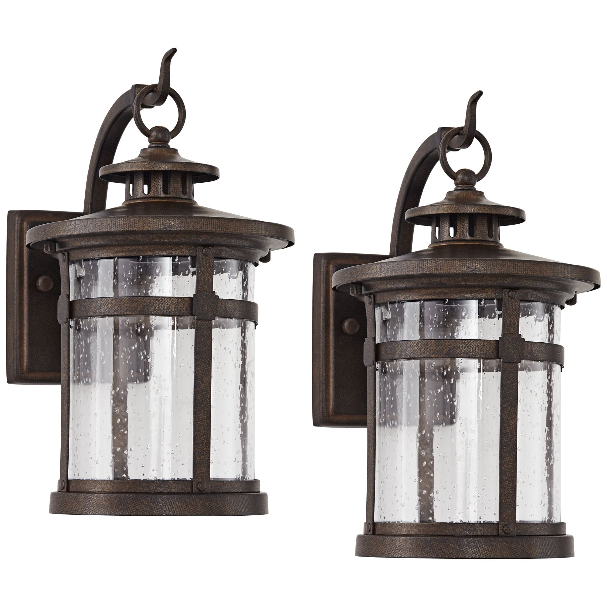 Franklin Iron Works Callaway Rustic Industrial Outdoor Wall Light Fixtures Set of 2 Bronze LED 11 1/2" Clear Seedy Glass for Post Exterior