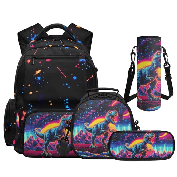 Yspwyqan Neon Retro Dinosaur 4Pcs Boys Backpack Set with Lunch Box Pencil Case Water Bottle Bag, 17 Inch Multi-Pocket Lightweight Kids Backpack for Elementary Middle School