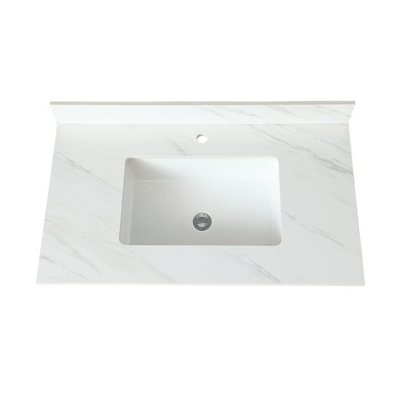 37" White Bathroom Vanity Top - Sintered Stone, 4" High Backsplash, Rectangular Middle Sink, Pre-drilled Faucet Hole Stone With Holes
