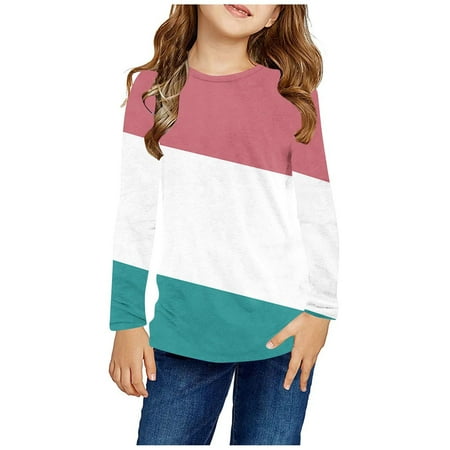 

HAOTAGS Toddler Girls Boys unisex T-shirts Long Sleeve Color block patchwork shirt Casual Fall Pullover Top Pink 9 T
