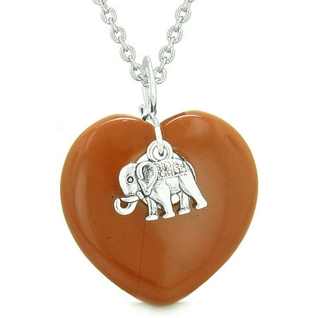 Red Jasper Heart Necklace - Lucky Elephant Charm Amulet Puffy Magic Powers Heart Red Jasper Pendant 18 inch Necklace