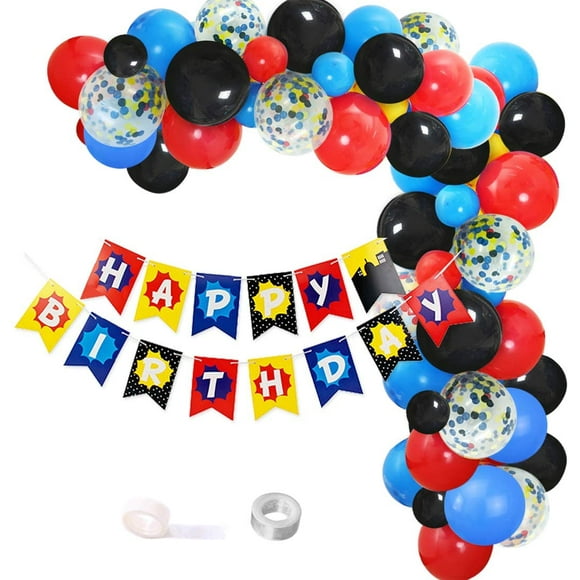 Superhero Thème Ballon Guirlande & Arc Kit Joyeux Anniversaire Bannière 110 Pack Ballons Rouge Bleu Noir Jaune pour Bébé Douche Décorations de Fête d'Anniversaire