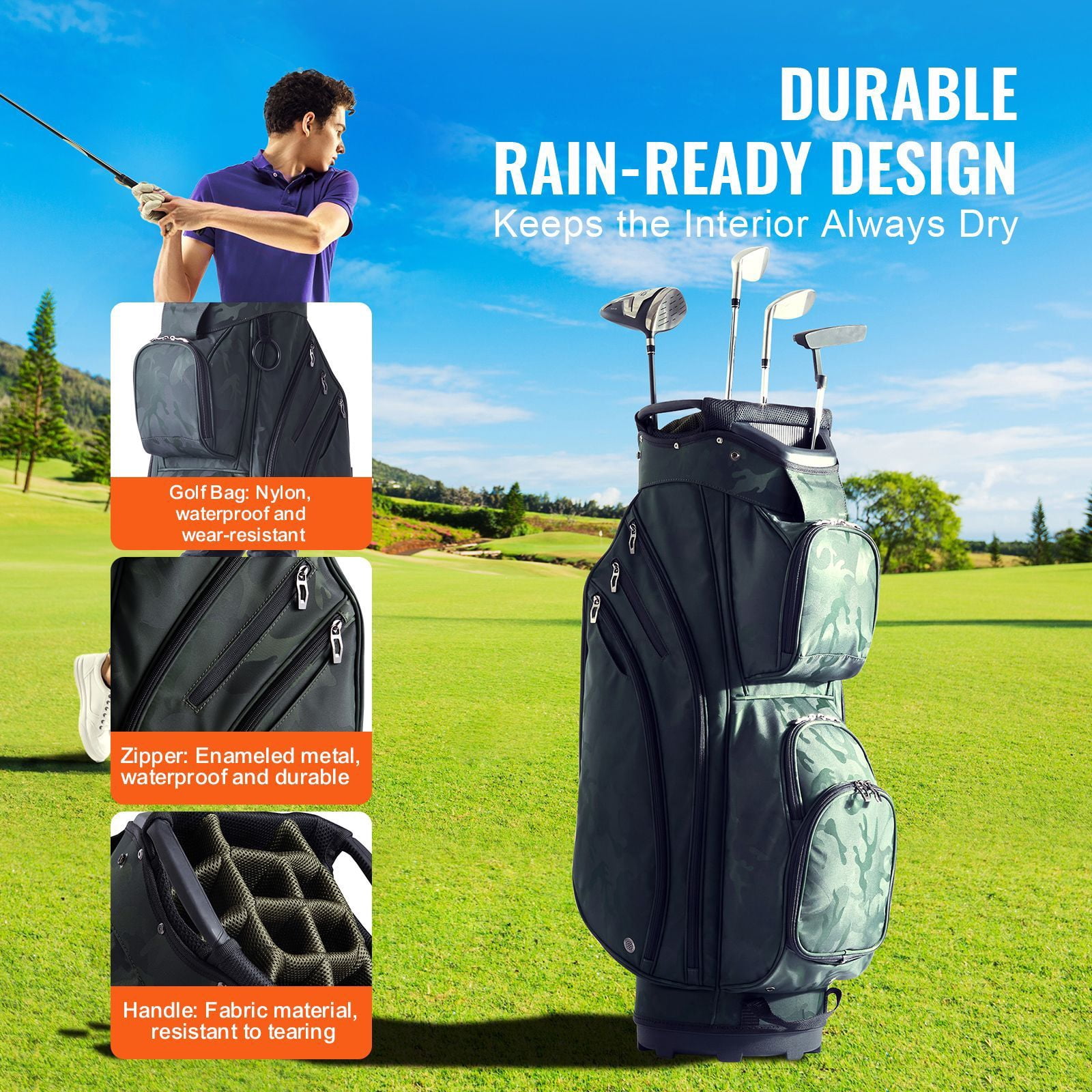 14-Way Golf Cart Bag – 36" Premium Nylon w/ 11 Pockets – Waterproof & Dust Cover Included (Army Green, Detachable Straps for Men/Women)