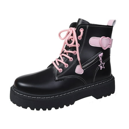 

Fashion Heart Buckle Platform Ankle Combat Boots Black & Pink Lace Up Zipper Round Toe Shoes Y2K Style Boots