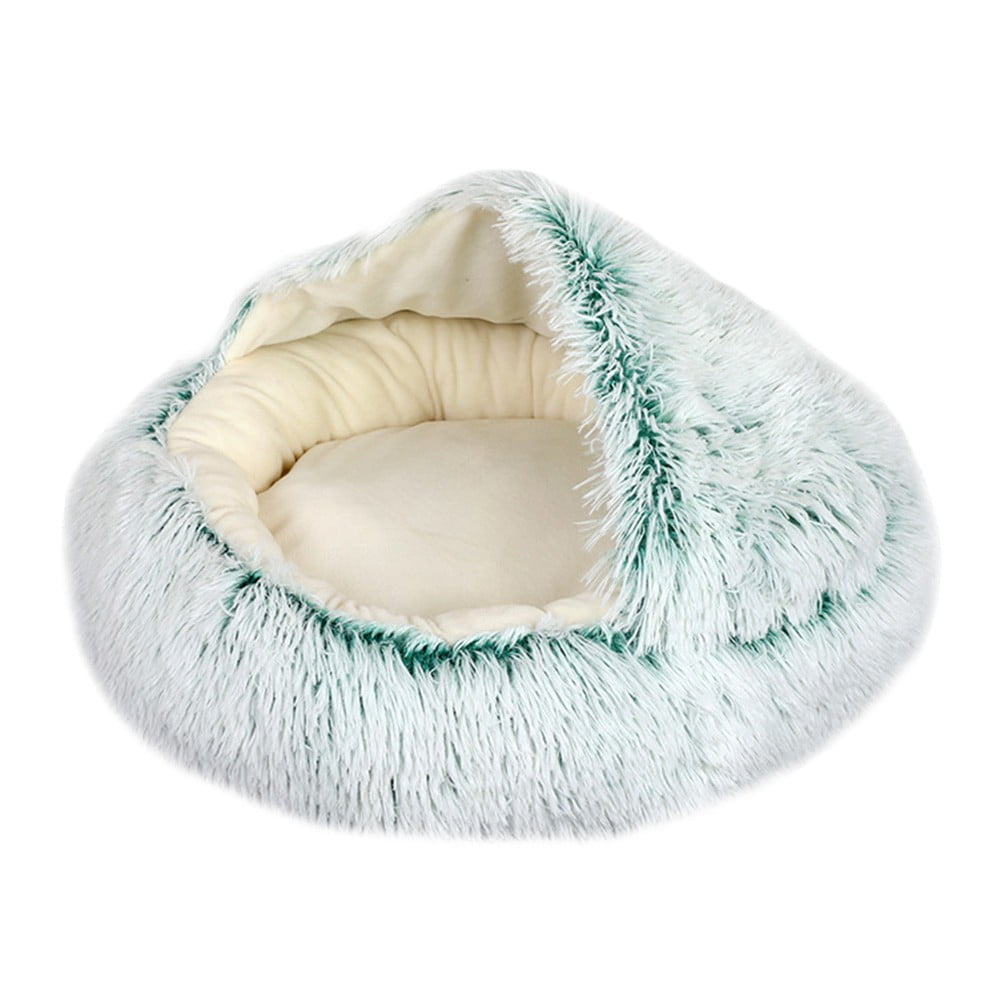 Prettyui Pet Bed Round Soft Plush Burrowing Cave Hooded Cat Bed Donut for Dogs and Cats Semi