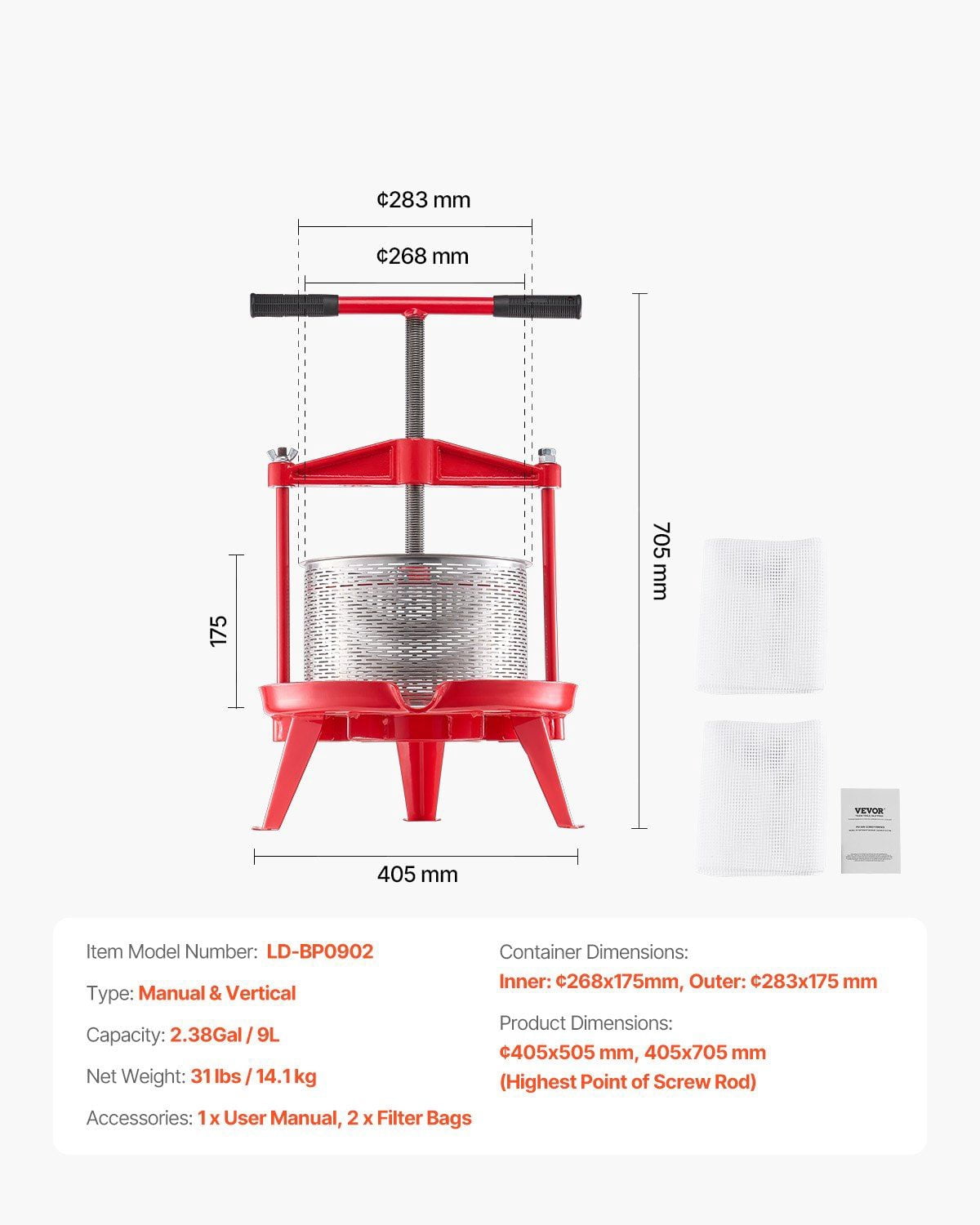 Manual Fruit Wine Press for Wine Making, 2.38 Gal/9L Stainless Steel Juice Extractor with Cast Iron Crossbeam, Large Capacity, T-Handle Spiral Press, Removable Basket, Ideal for Home, Farm, or Winery