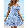 thumbnail image 4 of Square Neck Womens Boho Floral Smocked Short Sleeve Ruffle Beach Summer Mini Dress, 4 of 7