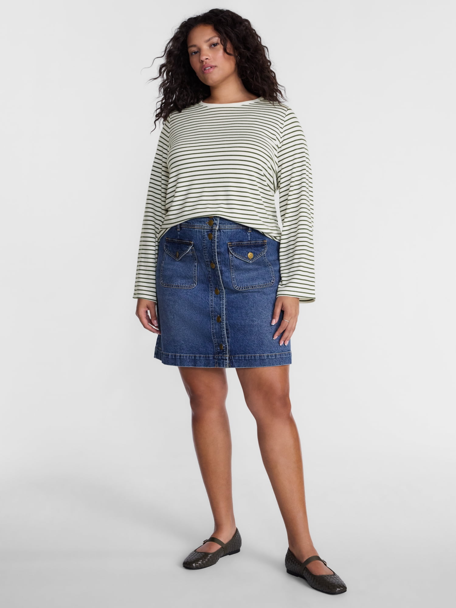 Terra & Sky Women's Plus Striped Tee with Long Sleeves, Sizes 0X-5X