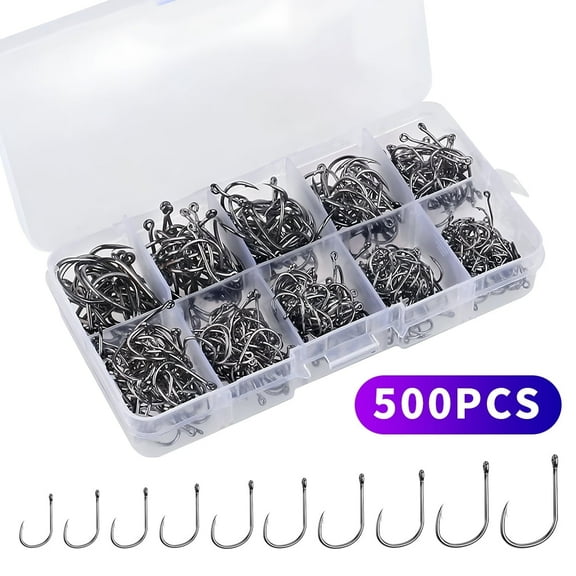 Fishing Hooks Set, Freshwater and Saltwater Bulk Fish Hooks for Gear and Supplies, 500 Pcs, 10 Size