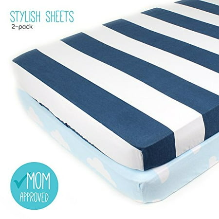 Pack N Play Playard Sheet Set 2 Ed Soft Jersey Cotton Pack N Play Playard Sheet Set 2 Ed Soft Jersey Cotton Portable Crib Baby Bedding In Blue Stripes Clouds By Mumby