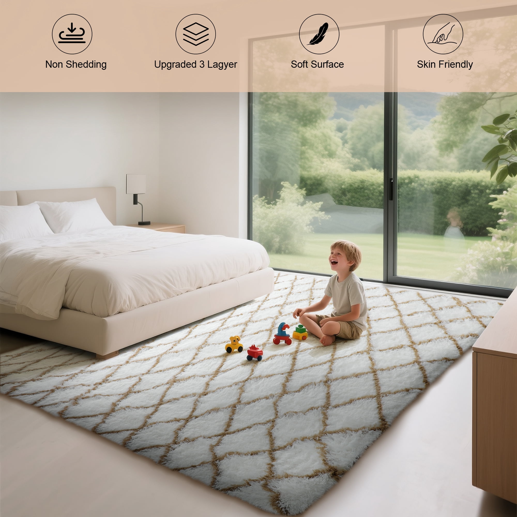 CozyDesg Shag Area Rugs,5'x7' Soft Fluffy Shaggy Carpet for Living Room,Large Rug for Bedroom Dining Room Home Decor Room Decor,White & Beige