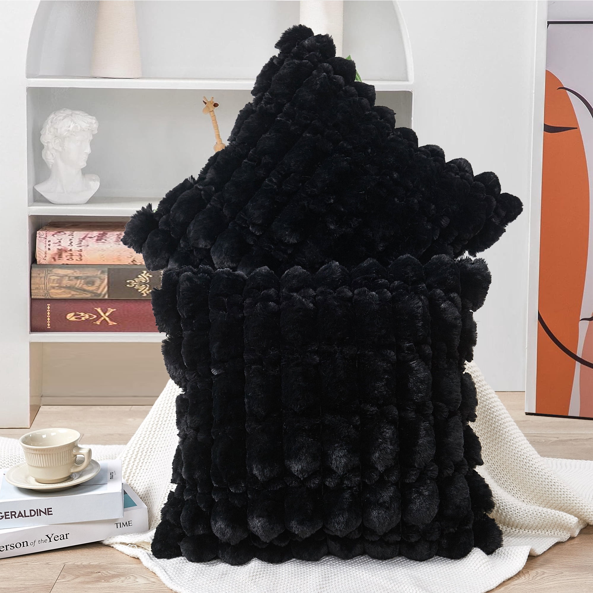 Home Soft Things Textured Spandex Bubble Faux Fur Pillow Covers, Set of 2, 20"x20", Black