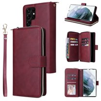 Feishell for Samsung Galaxy S22 Ultra (6.8 inch) Wallet Case for Women Men,Premium PU Leather Magnetic Clasp Zipper 9 Card Slots Folio Flip Holder Shockproof Phone Case with Wrist Strap,Winered
