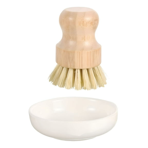 ACDANC Bamboo Dish Brush w/ Ceramic Holder for Kitchen & Bathroom Cleaning