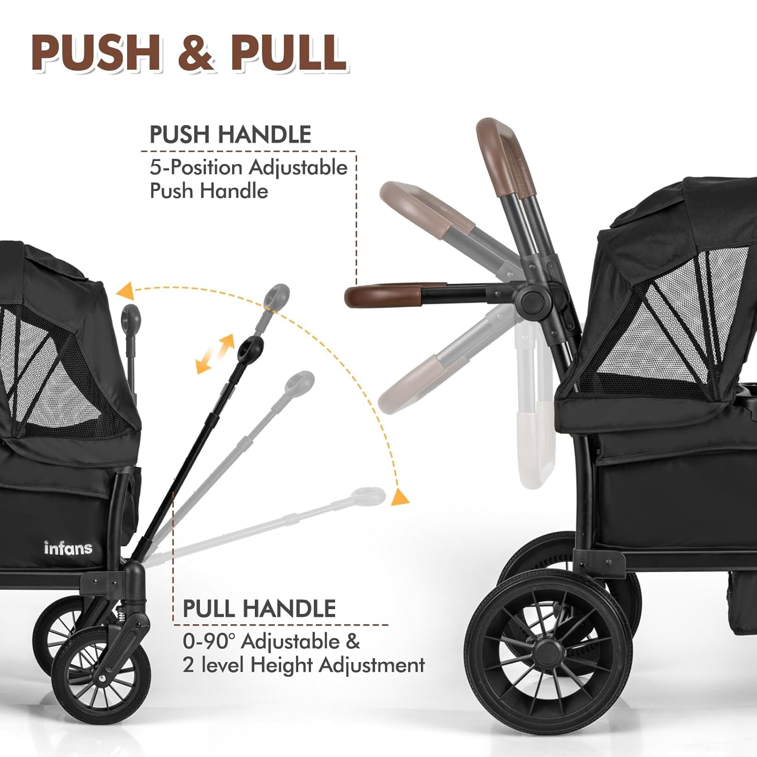 INFANS Wagon Stroller for 2 Kids, Collapsible Adjustable Push Pull Handle Bar, 2 Seater Stroller Wagon with Removable Canopy Snack Tray, Comfortable Drop-Down footwell and Upholstered Seats