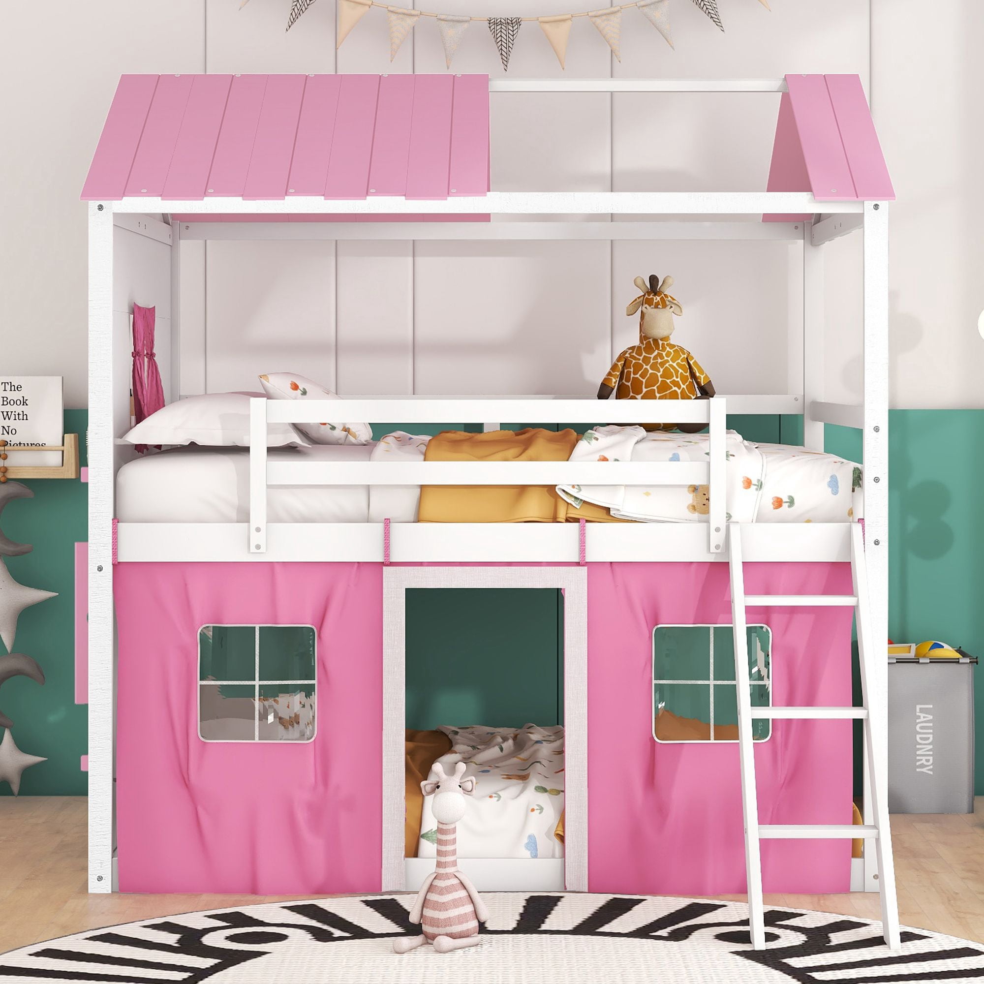 Aukfa Full over Full Bunk Bed with Tent and Roof, Wood Playhouse Bed for Kids, Pink