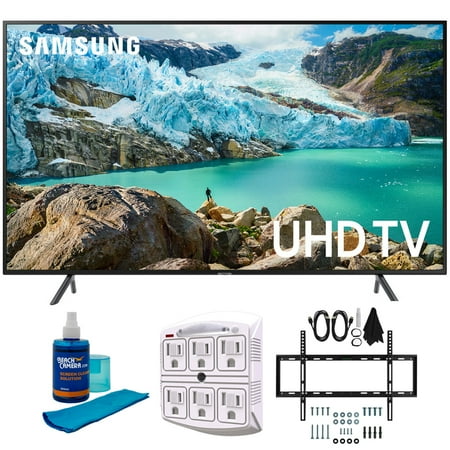 Samsung 43" RU7100 LED Smart 4K UHD TV 2019 Model (UN43RU7100FXZA) with Slim Flat Wall Mount Kit Ultimate Bundle for 45-90 inch TVs, Screen Cleaner for LED TVs & SurgePro 6-Outlet Surge Adapter