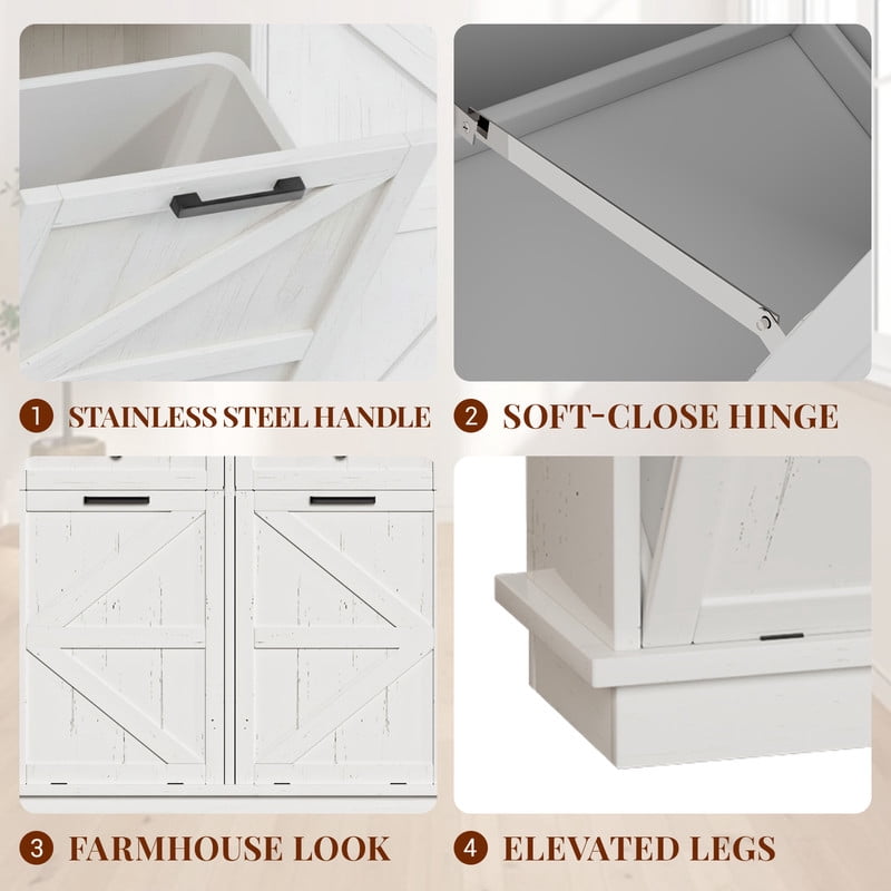 39''W Tilt Out Trash Can Storage Cabinet with 2 Drawers, Farmhouse Kitchen Island with Double 10-Gallon Trash Hidden Cabinet
