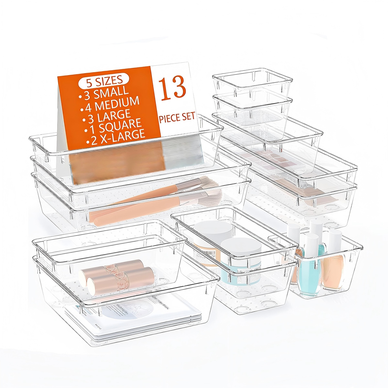 Asnews 13-Piece Plastic Drawer Organizer Set, Clear photo 1