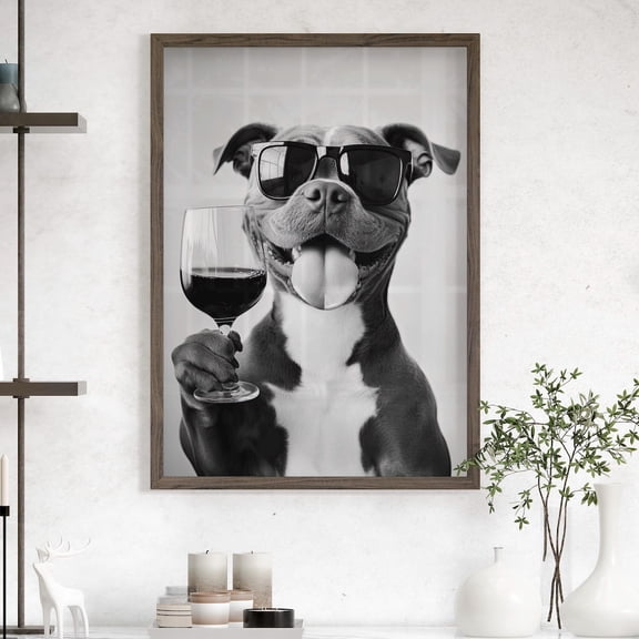 Pit Bull Wine Wall Art Black White Dog Lover Decor, Unframed Paper Print Size 8x12
