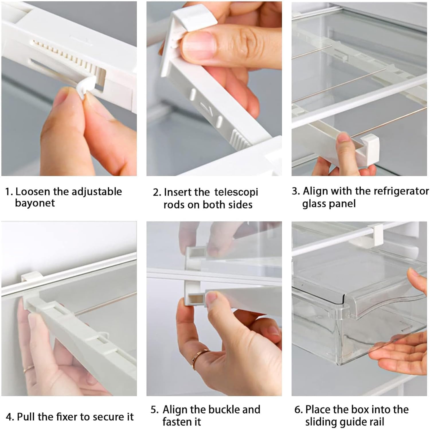 Fridge Drawer Organizer, Adjustable Refrigerator Drawers for Fruit and Vegetable, Pull Out with Handle, Shelf Holder Storage Box, Fit for Fridge Shelf Under 1.1"