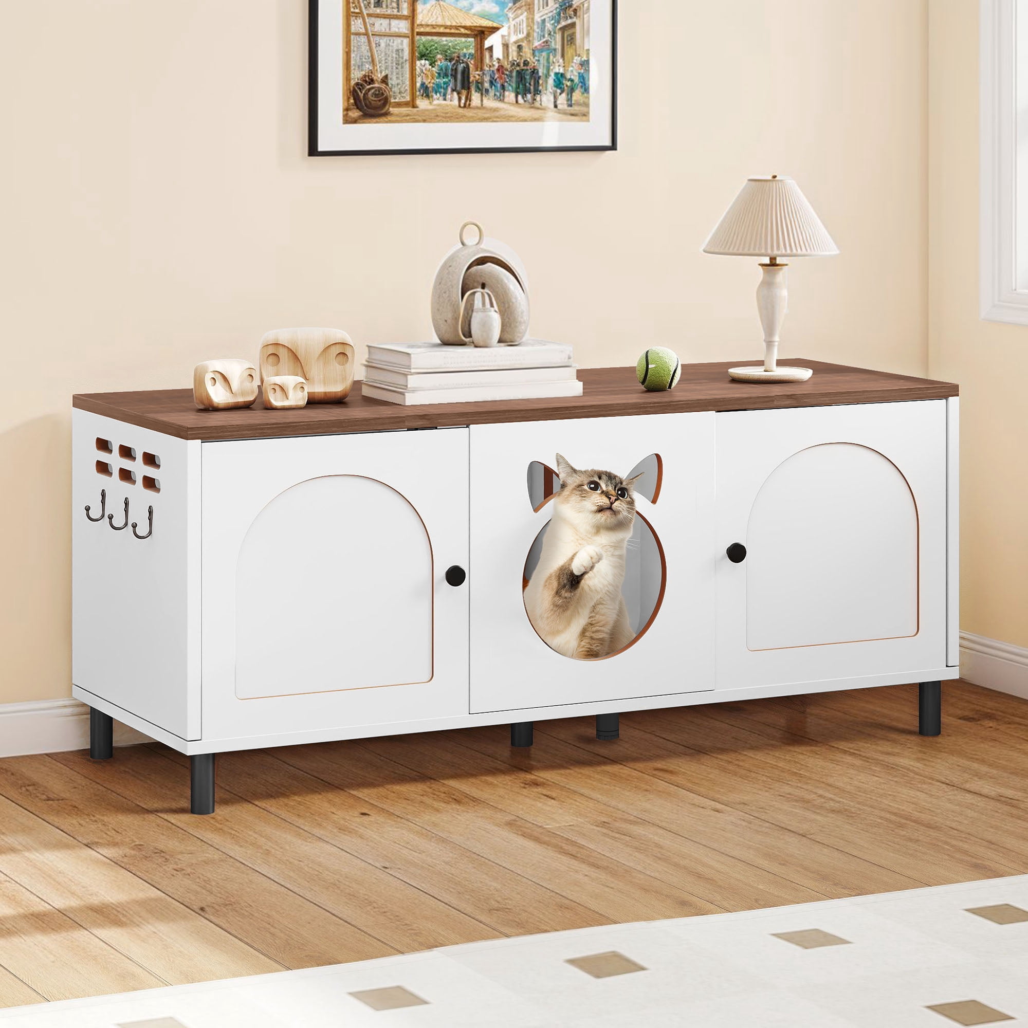 Dextrus Litter Box Furniture Hidden for 2 Cats,Large Wooden Cat Litter Box Enclosure with Double Room, Cat Washroom Furniture, End Table, White
