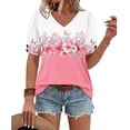 thumbnail image 5 of Uaswgudfs Women's Floral Print V Neck Short Sleeve T Shirt Button Cuff Spring Summer Casual Breathable Loose Fit Top Pink 2XL, 5 of 6
