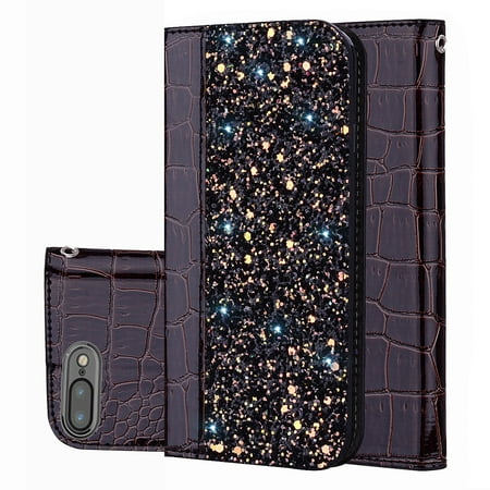 iPhone 8 Plus/7 Plus Case,iPhone 8 Plus/iPhone 7 Plus Cover,Allytech Unique Bling Design PU Leather Wallet case with Wrist Strap Flip Folio Kickstand Cover for iPhone 8 Plus/iPhone 7 Plus,Black