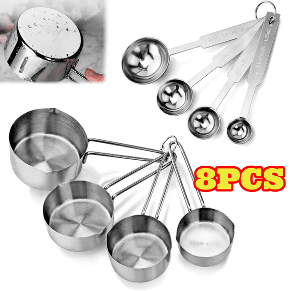 8pcs Stainless Steel Measuring Cups and Spoons Set for Kitchen, Home Baking Essentials, Dishwasher Safe Kitchen Tools