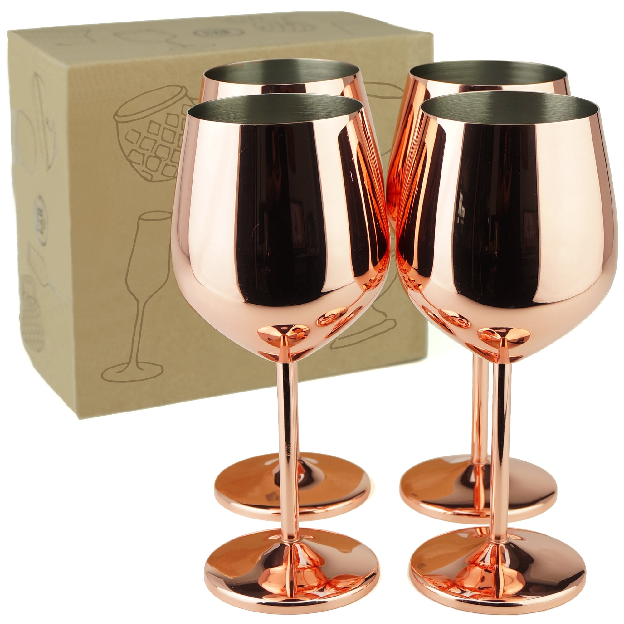 PG Copper / Rose Gold Stem Stainless Steel Wine Glass Set 4 - Wine Globet - Acrylic Glassware - 18.5 oz