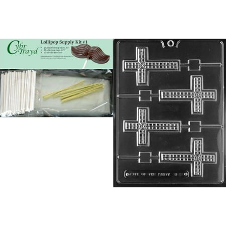 

Cybrtrayd Cross Lolly Chocolate Candy Mold with Lollipop Supply Bundle Includes 25 Sticks 25 Cello Bags 25 Gold Twist Ties and Exclusive Cybrtrayd Copyrighted Chocolate Molding Instructions
