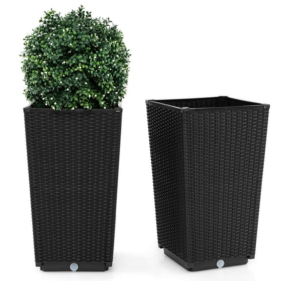 Costway 23" Tall Planters Set of 2 Rattan Wicker Plant Pot Self-watering Tree Pot Black