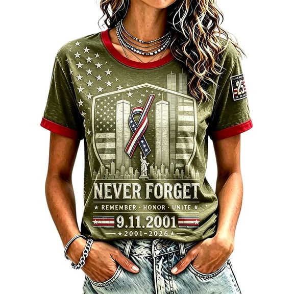ZCNKMX 911 Never Forget Shirt 2001-2026 25th Anniversary Womens 911 Memorial Shirt American Flag Patriotic Honor Faith Women Short Sleeve Tops Army Green XL