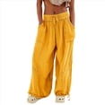 thumbnail image 2 of Pantalones Holgados Informales de Algodón para Mujer, de Pierna , con Costuras de Cordón y Bolsillos. Amarillo XXL, 2 of 6
