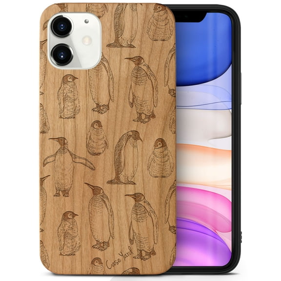 Case Yard Wooden Case Outside Soft TPU Silicone, Slim Fit Shockproof Wood Protective Phone Cover for Girls Boys Men and Women, Supports Wireless Charging Penguin Pattern Design case for iPhone-12-Mini