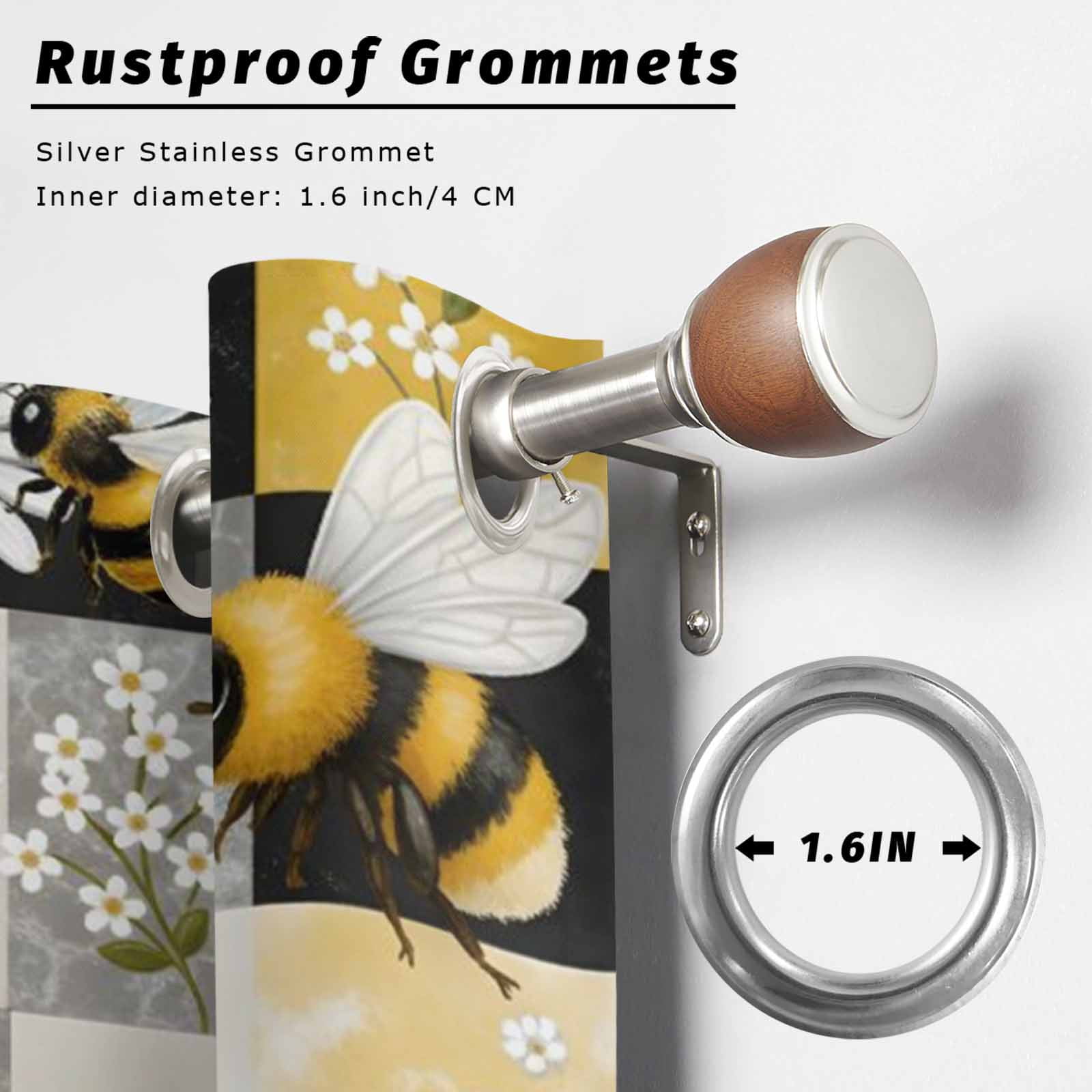 Bees Daisy Outdoor Curtains for Patio, Rustic Countryside Summer Grid Patchwork Sunshade Privacy Drapes Grommet Waterproof Outside Curtains for Porch/Cabana/Balcony 54"x 108", 1 Panel