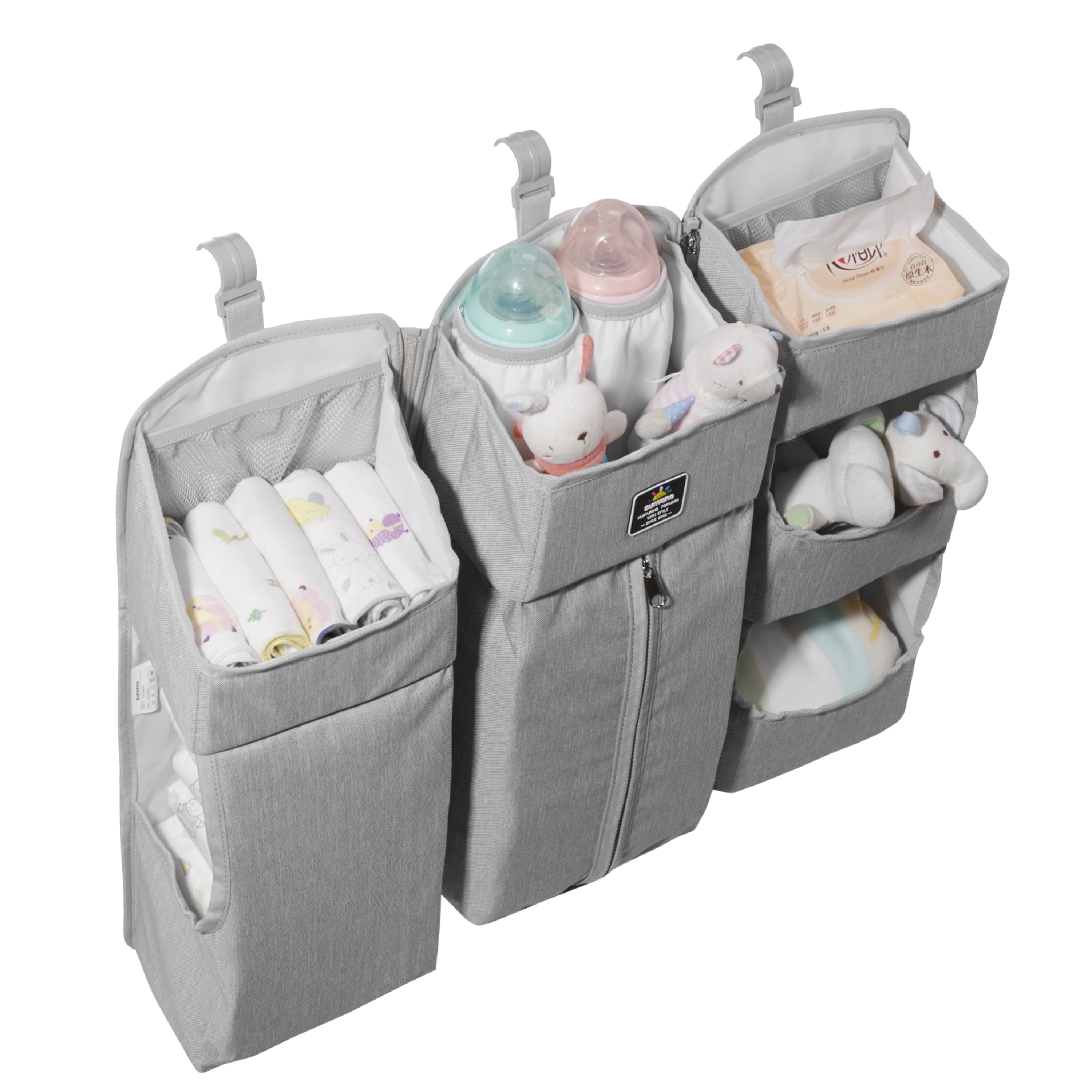 Sunveno 3-in-1 Crib Nursing Organizer Set for Baby Essentials Storage, Gray