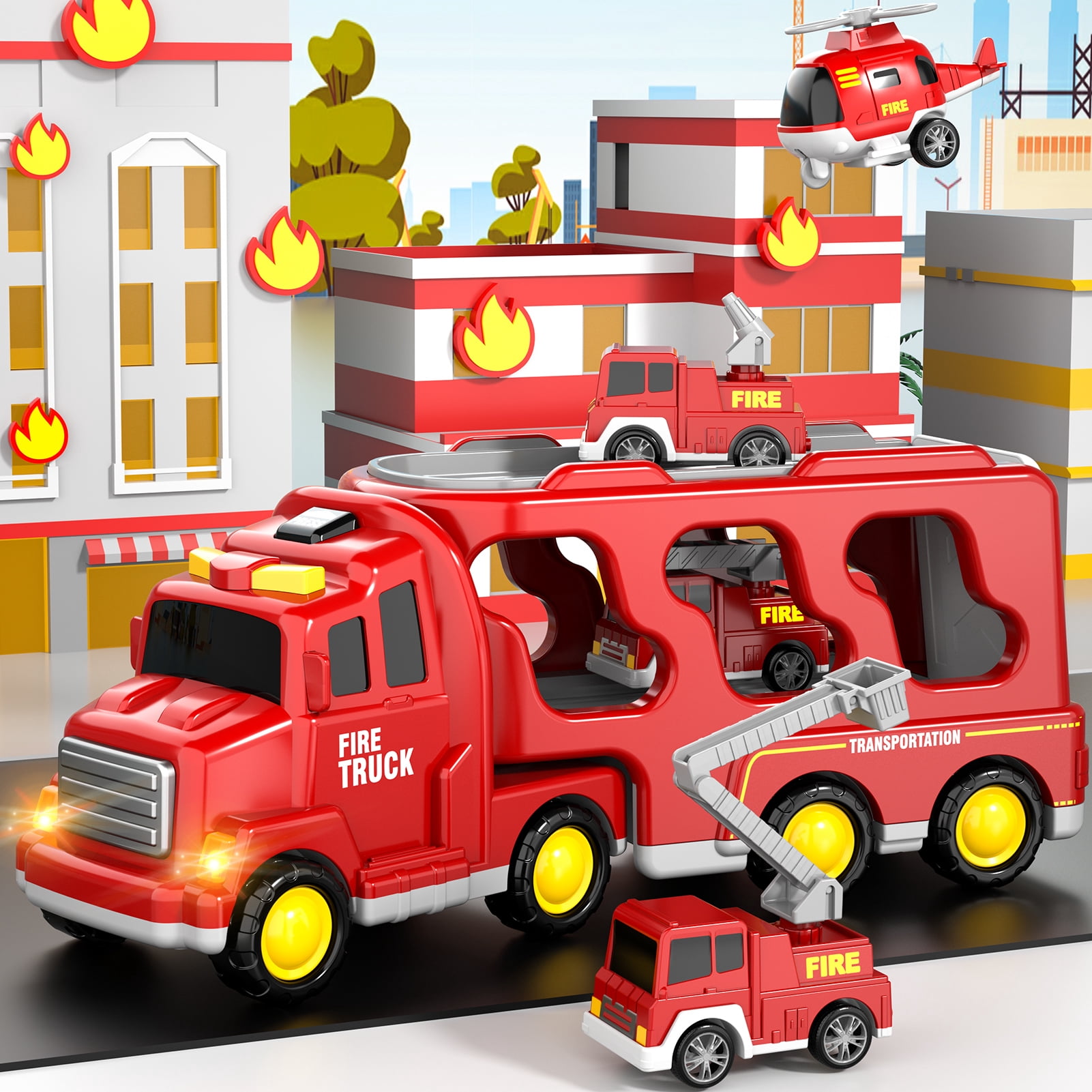 Lucky Doug Fire Truck Car Set for Toddlers Ages 1-3-5, 5 in 1 Carrier Truck Toys with Light & Sound, Toddlers Boys Toys Ages 2 3-5 as Birthday Gift