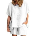 thumbnail image 3 of Hvyesh Linen Sets for Women 2 Piece Ladies Casual Summer Round Neck Short Sleeve Tops And Shorts Two Pieces Set Suit White,L, 3 of 7