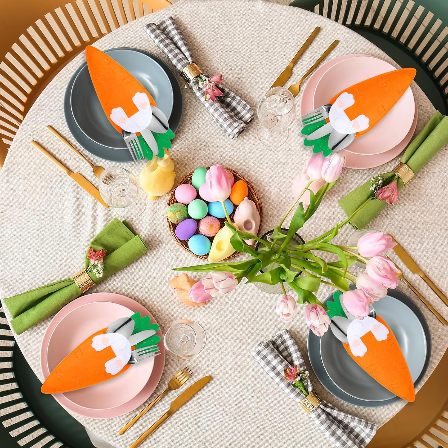 12 Pcs Easter Carrot Utensil Cutlery Holders Bag Felt Bunny Fork Cutter Pouches Silverware Pocket Bag for Easter Home Spring Party Table Decoration Knife Forks Organizer