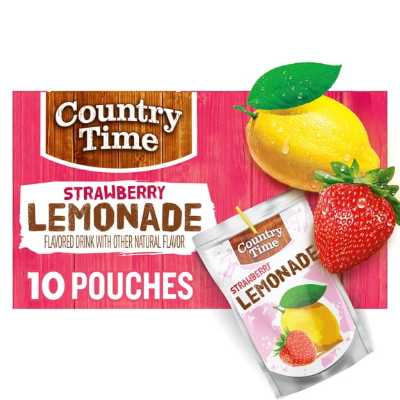 Country Time Ready to Drink Flavored with Other Natural Flavor Drink, 10 Pouches, for School Lunches and On-the-Go Hydration, Strawberry Lemonade, No Artificial Colors or Flavors, 6 fl oz